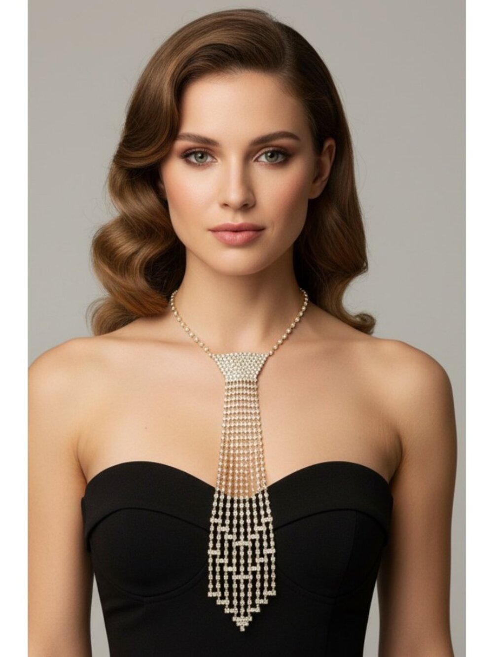 Cubic Zirconia Rhinestone Necktie Cascading Waterfall Sparkle Statement Necklace